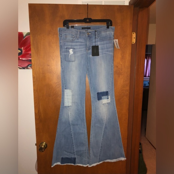 The Buckle Flying monkey Low Rise patchwork super Flare Jeans. Size 28/34. NWT - Picture 2 of 11